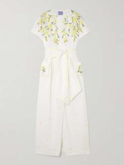 Bead-embellished belted point d'esprit cotton midi wrap dress