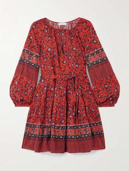 Abri belted tiered printed cotton-blend voile mini dress