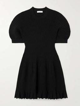 Talie pleated ribbed-knit mini dress