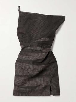 One-shoulder gathered checked linen-blend mini dress