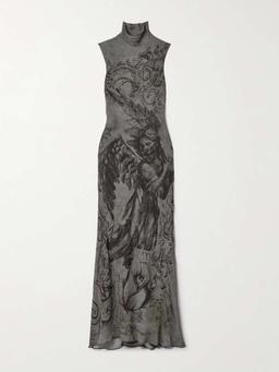 Open-back printed georgette turtleneck maxi dress