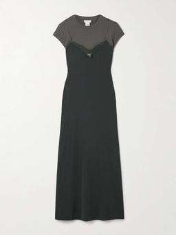 Lace-trimmed stretch-jersey and cotton-blend jersey midi dress