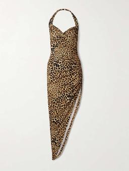 Cayla ruched leopard-print stretch-jersey halterneck gown