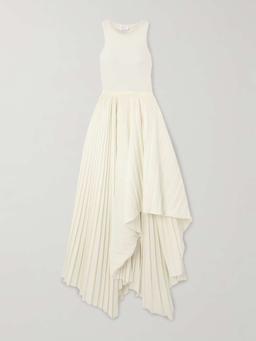 Asymmetric cotton-jersey and pleated poplin dress