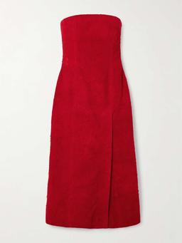 Strapless suede midi dress