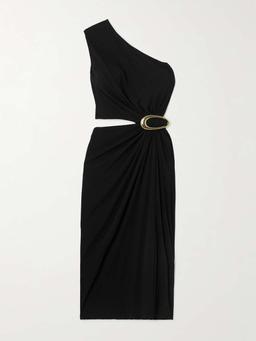 One-shoulder cutout gathered embellished crepe-jersey midi dress