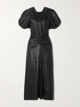 Gathered leather midi dress
