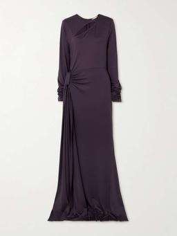 Tie-detailed gathered cut-out stretch-jersey gown