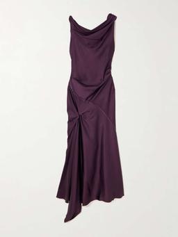 Asymmetric paneled draped gathered satin midi dress