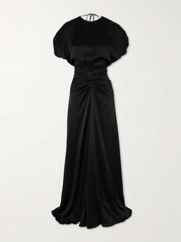 Gathered open-back satin maxi dress