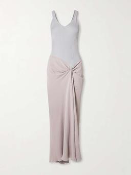 Draped pleated ribbed-knit and crepe midi dress