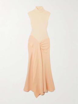 Asymmetric draped gathered ribbed-knit and crepe midi dress