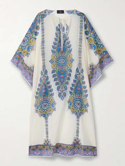 Floral-print cotton and silk-blend voile kaftan