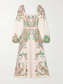 Lace-trimmed printed crepe de chine midi dress