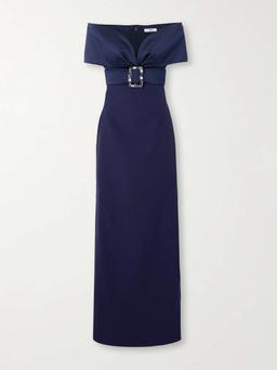 Off-the-shoulder crystal-embellished belted crepe gown