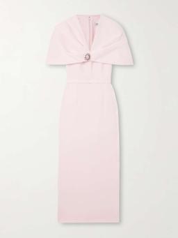 Crystal-embellished cape-effect crepe midi dress