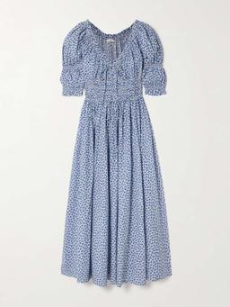 Ischia shirred floral-print organic cotton-voile midi dress