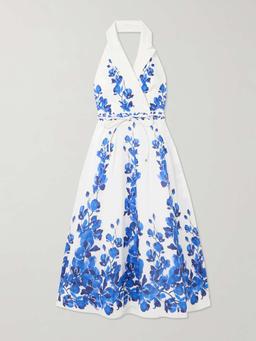 Orchid Blues belted floral-print voile halterneck midi dress
