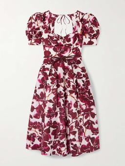 Nerissa belted leather-trimmed floral-print voile midi dress