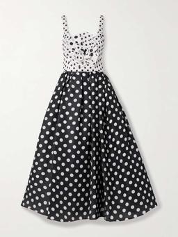Pleated appliquéd polka-dot silk-gazar gown