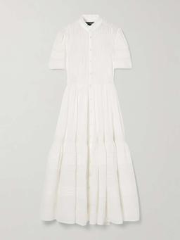 Lace-trimmed pintucked cotton midi dress