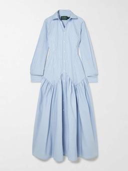 Gathered striped cotton and modal-blend poplin shirt dress