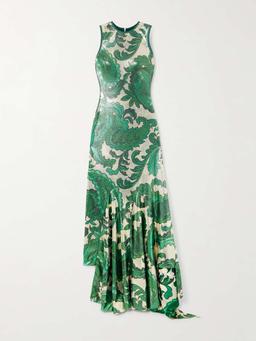 Asymmetric open-back paisley-print sequined jersey dress