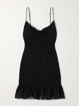 Smocked ruffled silk-crepon mini dress