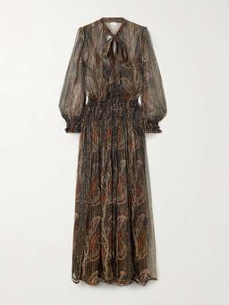 Smocked metallic paisley-print silk-blend chiffon maxi dress