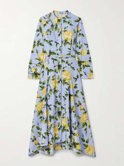 Belted floral-print cotton-blend poplin midi shirt dress