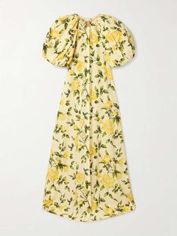 Embellished gathered floral-print cotton-blend poplin gown