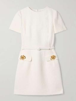 Belted embellished cotton-blend tweed mini dress