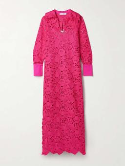 Poplin-trimmed guipure lace maxi shirt dress