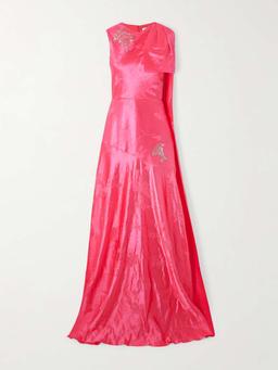 Asymmetric bow-detailed draped linen-blend jacquard gown