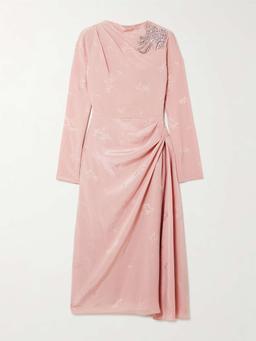 Embellished draped crinkled-silk and cotton-blend jacquard midi dress