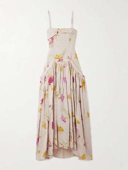 Floral-print linen midi dress