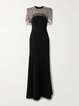 Rana cape-effect fringed embellished crepe gown