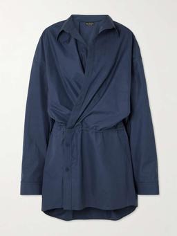 Asymmetric gathered cotton-poplin mini shirt dress