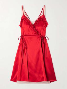 Ruffled pleated jersey-trimmed silk-satin mini dress