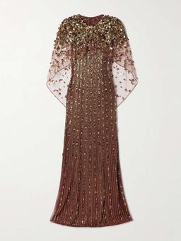 Nettie cape-effect embellished sequined tulle gown