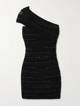 One-shoulder sequin-embellished ribbed-knit mini dress