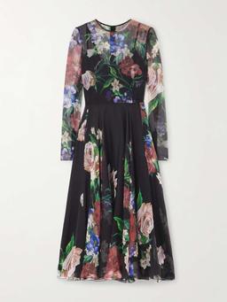 Pleated floral-print silk-chiffon midi dress