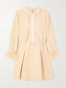 Feather-trimmed embellished jacquard and woven mini dress