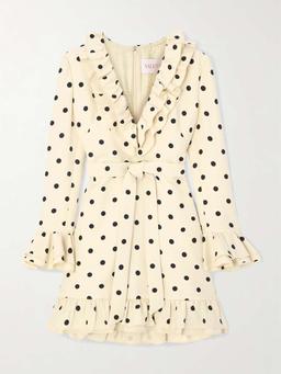 Belted ruffled polka-dot wool and silk-blend mini dress