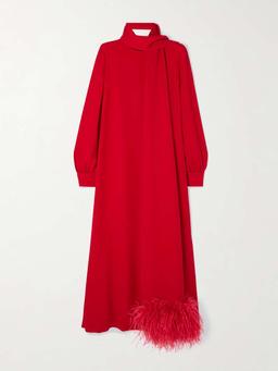 Tie-neck feather-trimmed silk-crepe gown