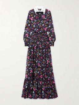 Broderie anglaise-trimmed smocked floral-print silk-georgette maxi dress