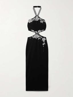 Cutout crystal-embellished embroidered crepe halterneck gown