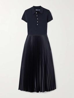 Pleated stretch-knit and recycled-satin midi dress