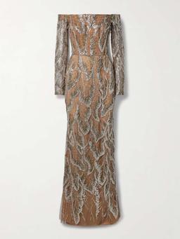 Off-the-shoulder embellished embroidered silk-blend tulle gown