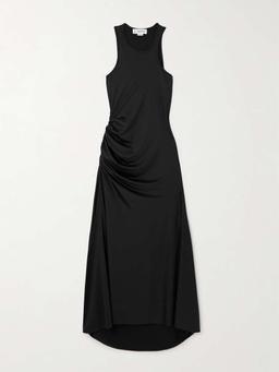 Asymmetric ruched satin-jersey midi dress